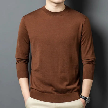 Men's round neck long sleeve pullover sweater in a Mulberry Silk and Wool blend for winter.