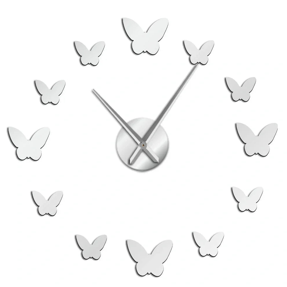 Round 30cm mirror wall clock with raised butterfly design showing time display