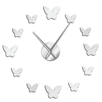 Round 30cm mirror wall clock with raised butterfly design showing time display
