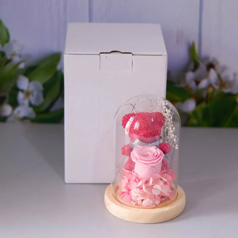 Eternal preserved rose and teddy bear gift box with warm LED lights