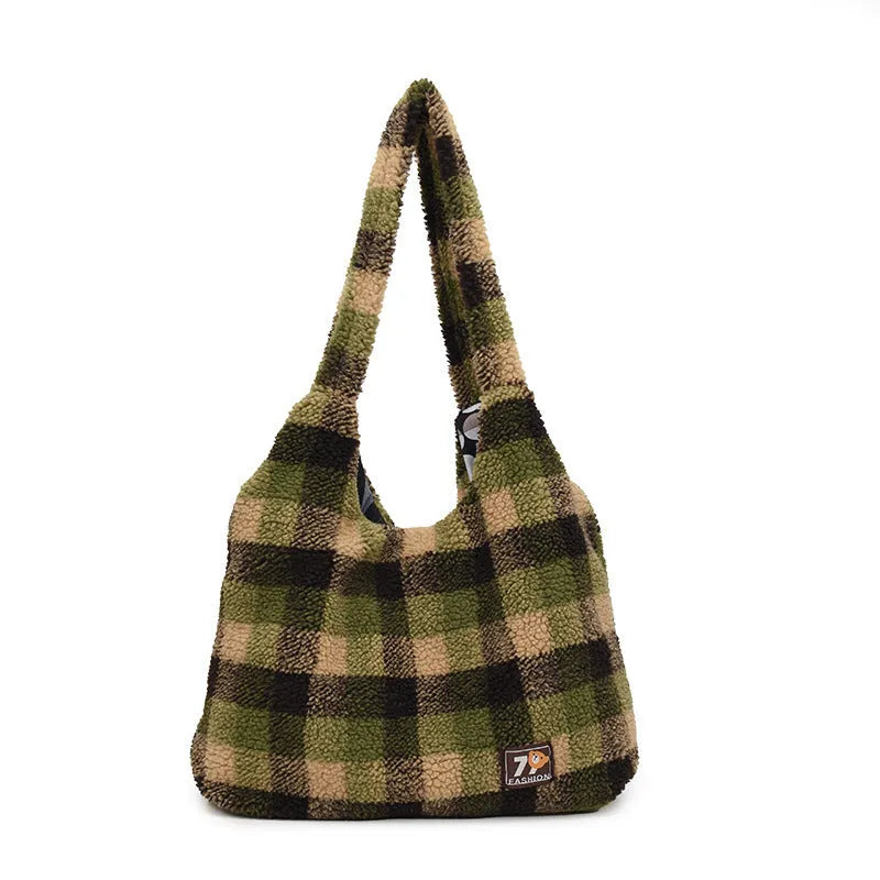 Women's plaid shoulder crossbody tote bag in army green with 40x44x9cm dimensions and zipper changing bag interior
