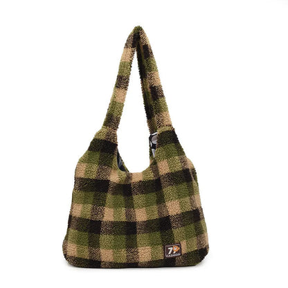 Women's plaid shoulder crossbody tote bag in army green with 40x44x9cm dimensions and zipper changing bag interior