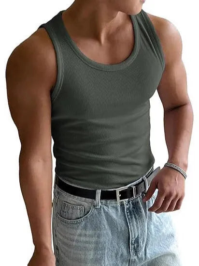 Men's tight-fitting grey sports t-shirt with a round neck, shown flat.