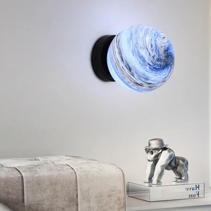 Planet bedside lamp with wrought iron body, glass shade, E27 holder, black or copper finish