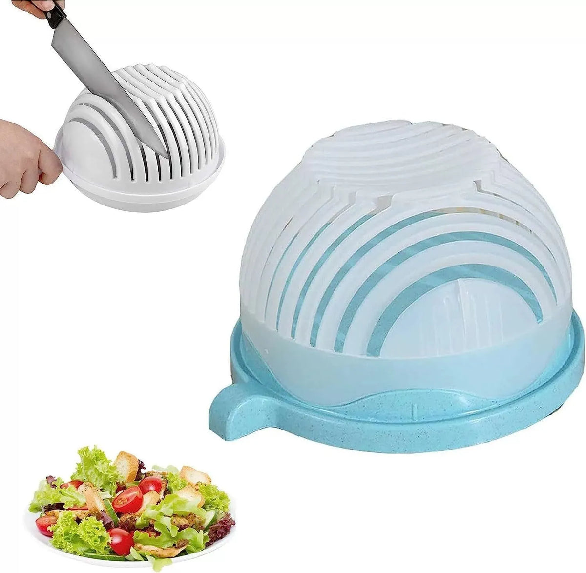 Blue salad cutter bowl showing cutting lid with seams, drain basket function, and reversible base plate