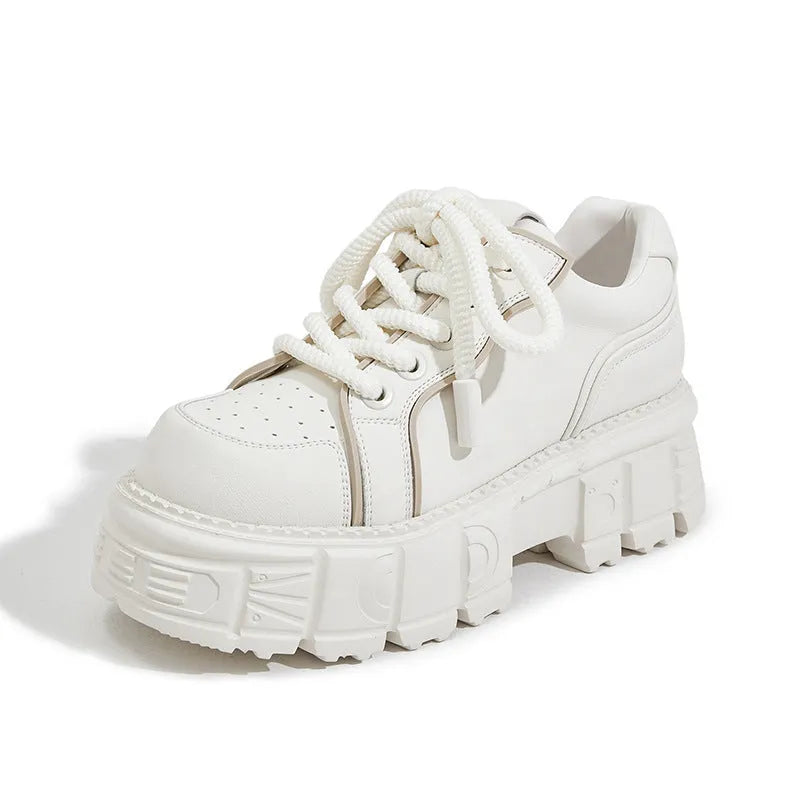 Beige and pink women's leather casual shoes with a thick, cushioned muffin bottom rubber sole.