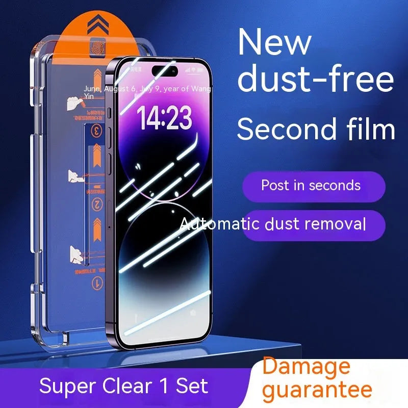 Dust-free warehouse tempered glass screen protector for iPhone models featuring anti-fingerprint, privacy, and anti-purple light with a frosted, full-screen design including a second sticker box for application - available in HD and Peep-proof variants.