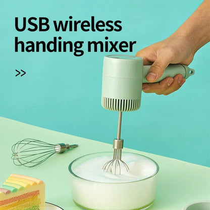 Cordless electric hand mixer with whisk and dough hooks for effortless mixing and kneading in the kitchen