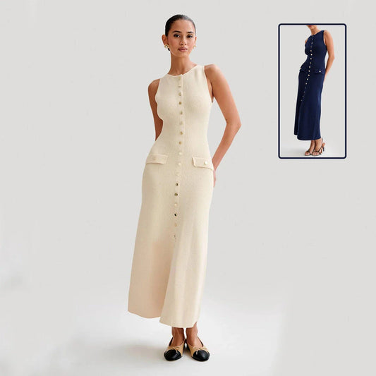 Sleeveless knit dress in apricot and blue colors, showcasing a slim, flattering silhouette and premium polyester construction