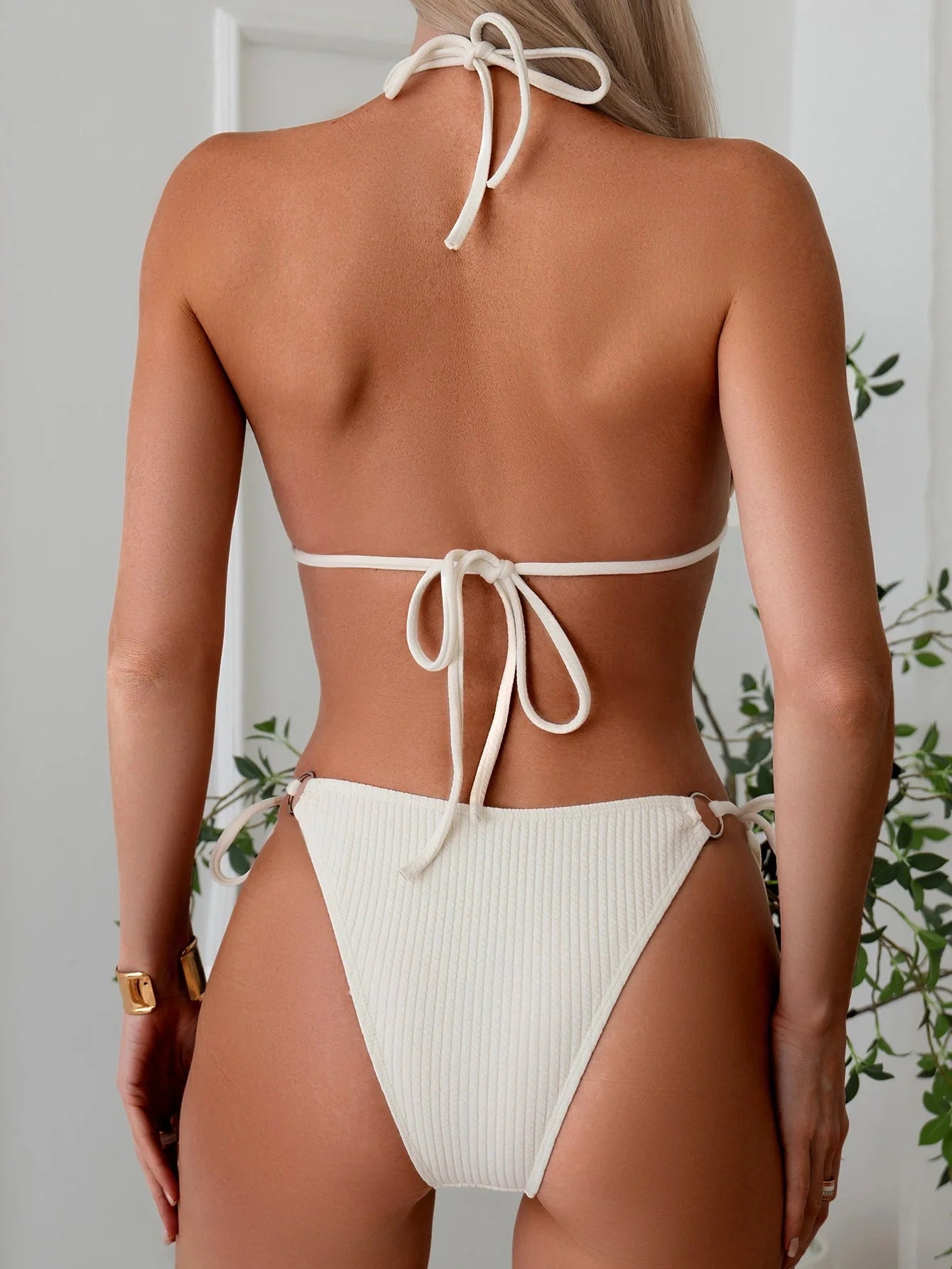 Women's bandage style bikini set with side tie thong in various colours