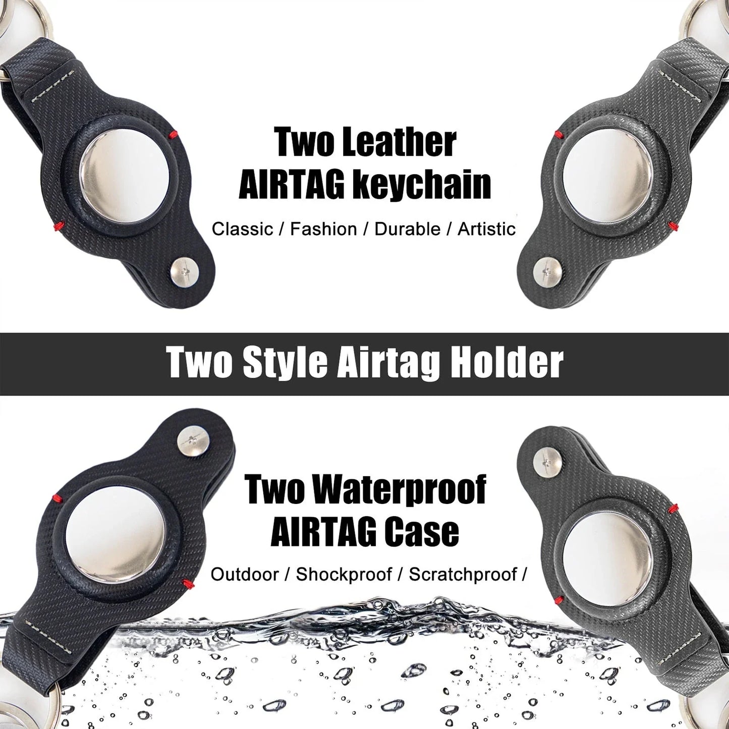 Premium PU leather AirTag keychain holder in black and grey colors for secure tracking of valuables