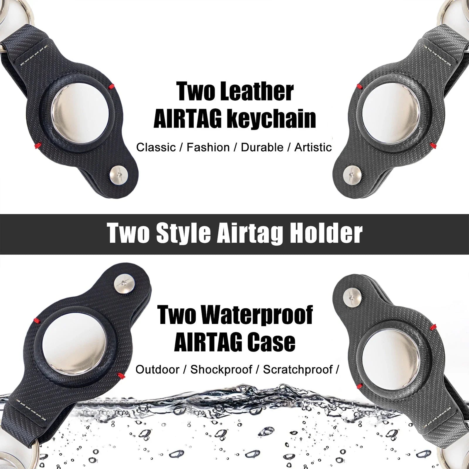 Premium PU leather AirTag keychain holder in black and grey colors for secure tracking of valuables
