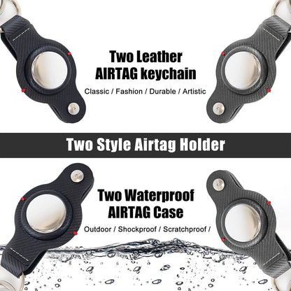 Premium PU leather AirTag keychain holder in black and grey colors for secure tracking of valuables