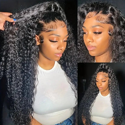 Front lace wig with small curly synthetic hair in a long length and dark colour, showing side bangs.