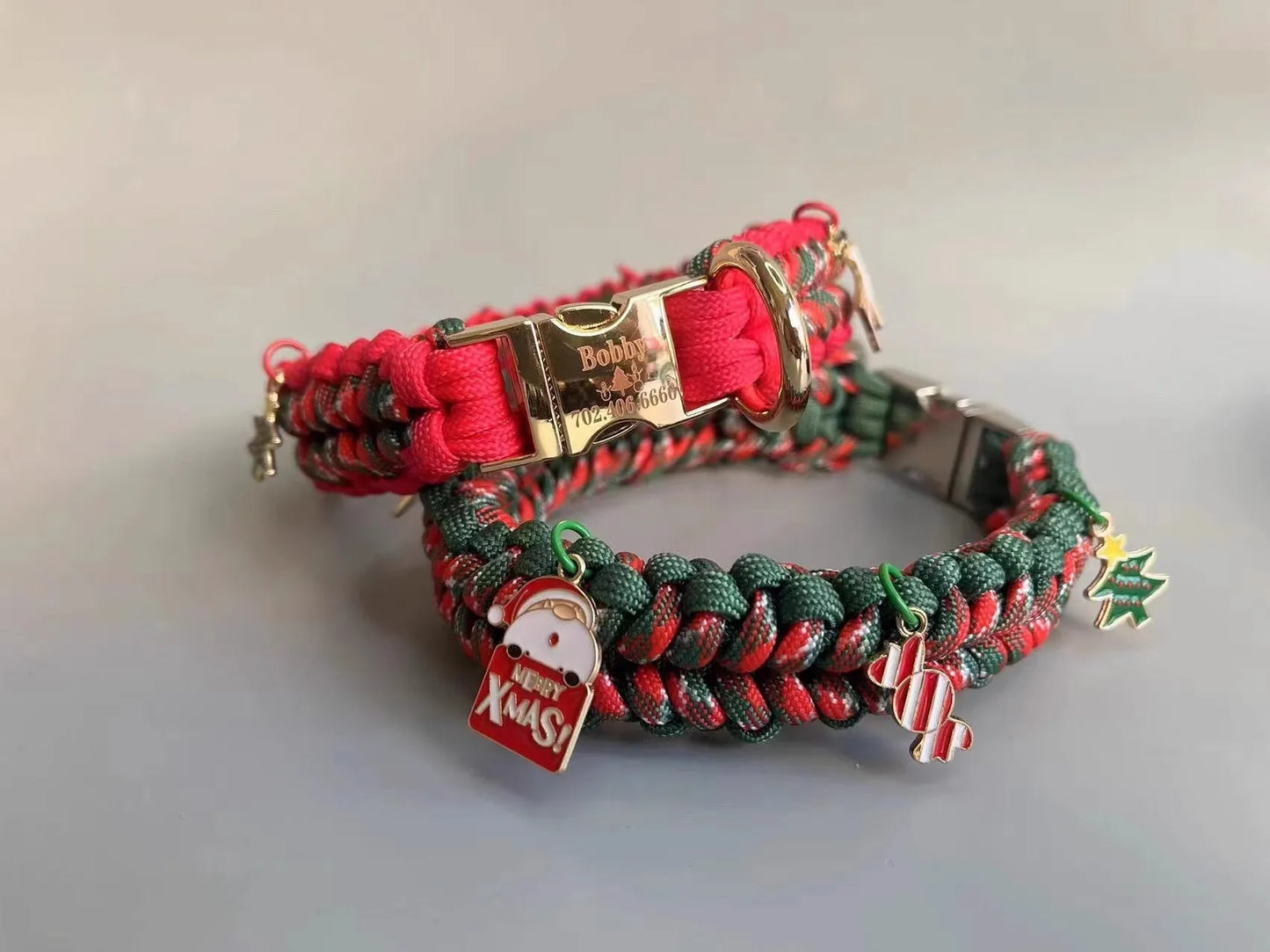 Green rope dog leash with P chain and a metal release buckle, held in a person's hand.