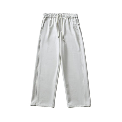 Men's cotton blend casual trousers in grey with straight loose fit and lace-up waist