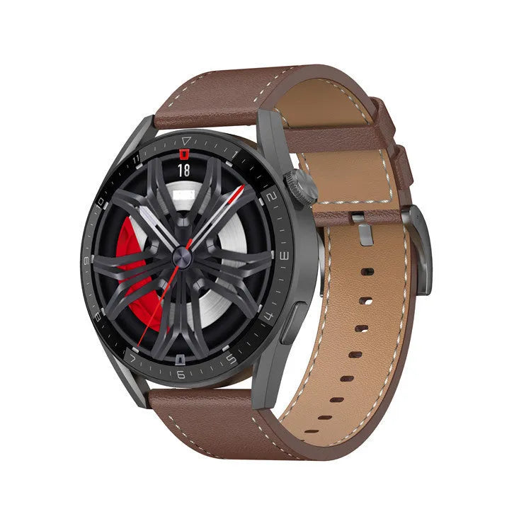 Simple and fashionable metal smartwatch with TFT screen, 1.45-inch display, 46mm case size, and heart rate monitoring, available in multiple colour and finish options including black leather, brown leather, steel, and gold finishes.