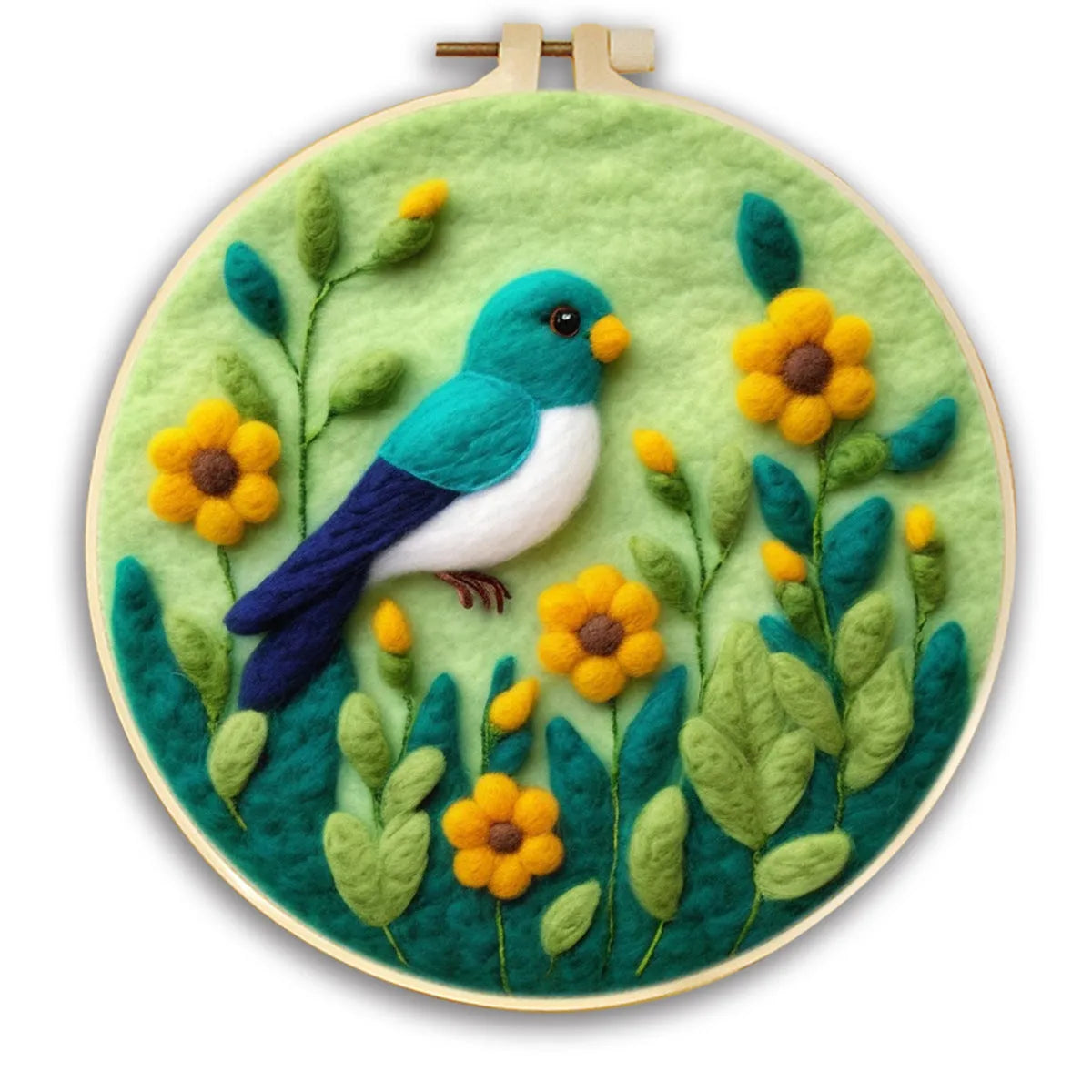 Round three-dimensional embroidery kit with linen fabric, wool felt pieces, and embroidery frame for 20x20 cm blanket painting