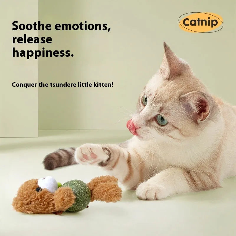 Brown Bear catnip toy with plush doll, 4cm catnip ball, and internal bell for cats to play with.