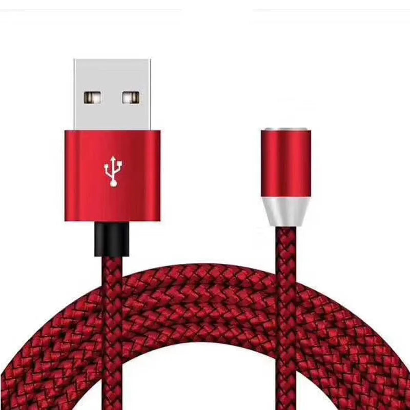 Black magnetic charging cable with connectors for Android, Type C, and Apple devices on a white background