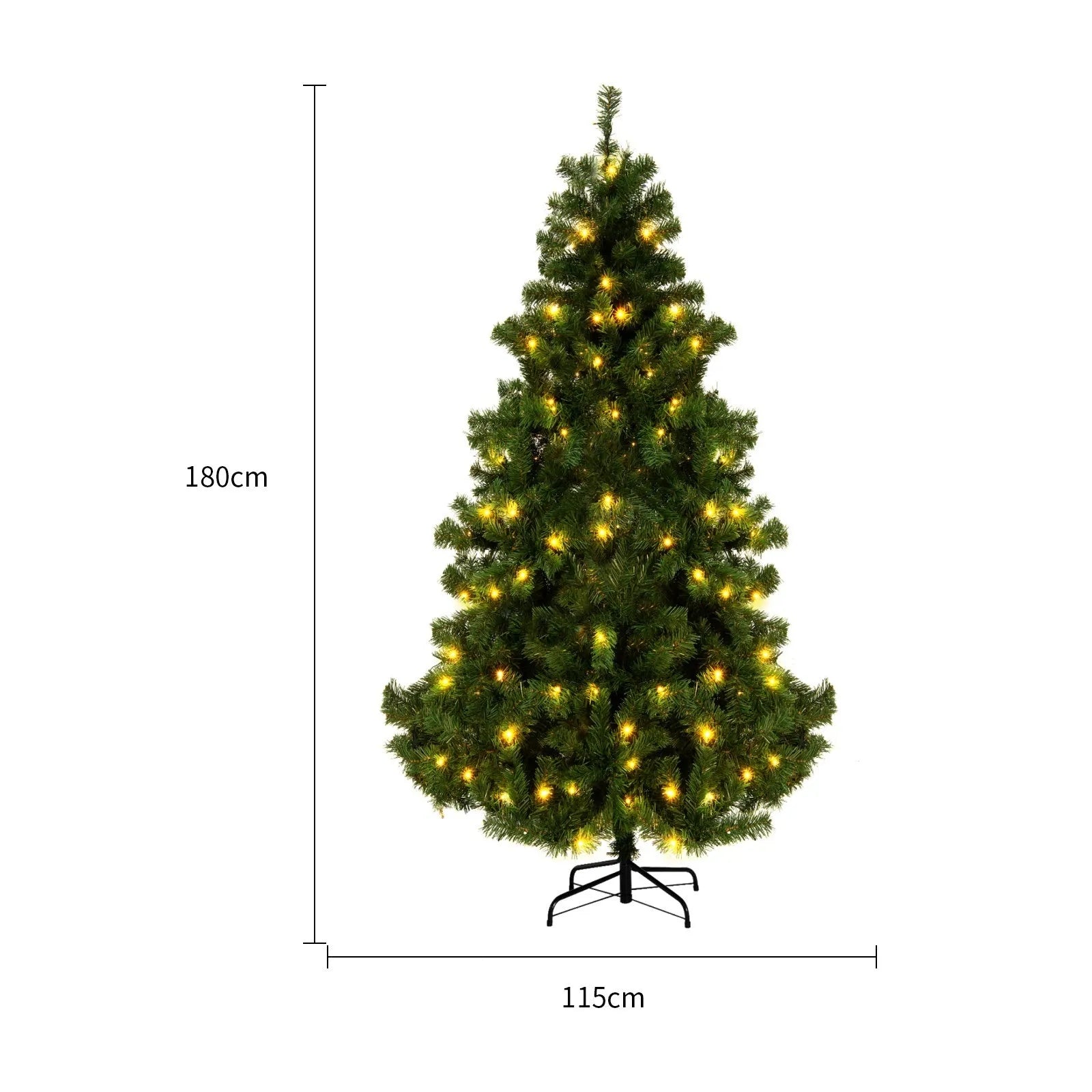 Green and white snow-dusted artificial Christmas tree on a metal stand, showing detailed PVC branches.