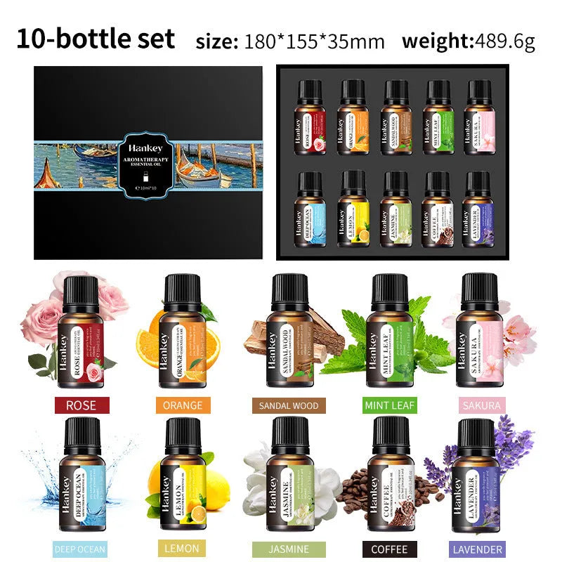 Boxed set of water-soluble aromatherapy essential oils in vials, available in multiple pack sizes.