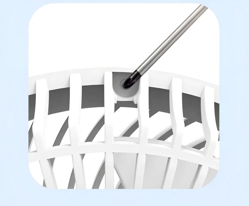 Black 7-inch portable folding desk fan with hook, LED, and temperature display on white background