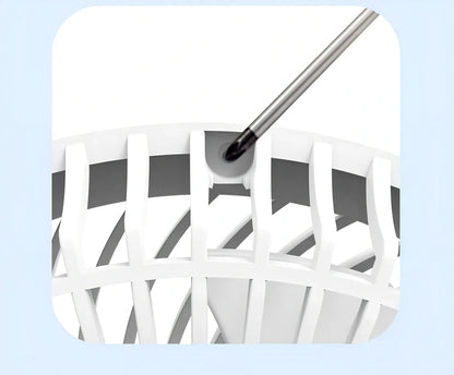 Black 7-inch portable folding desk fan with hook, LED, and temperature display on white background