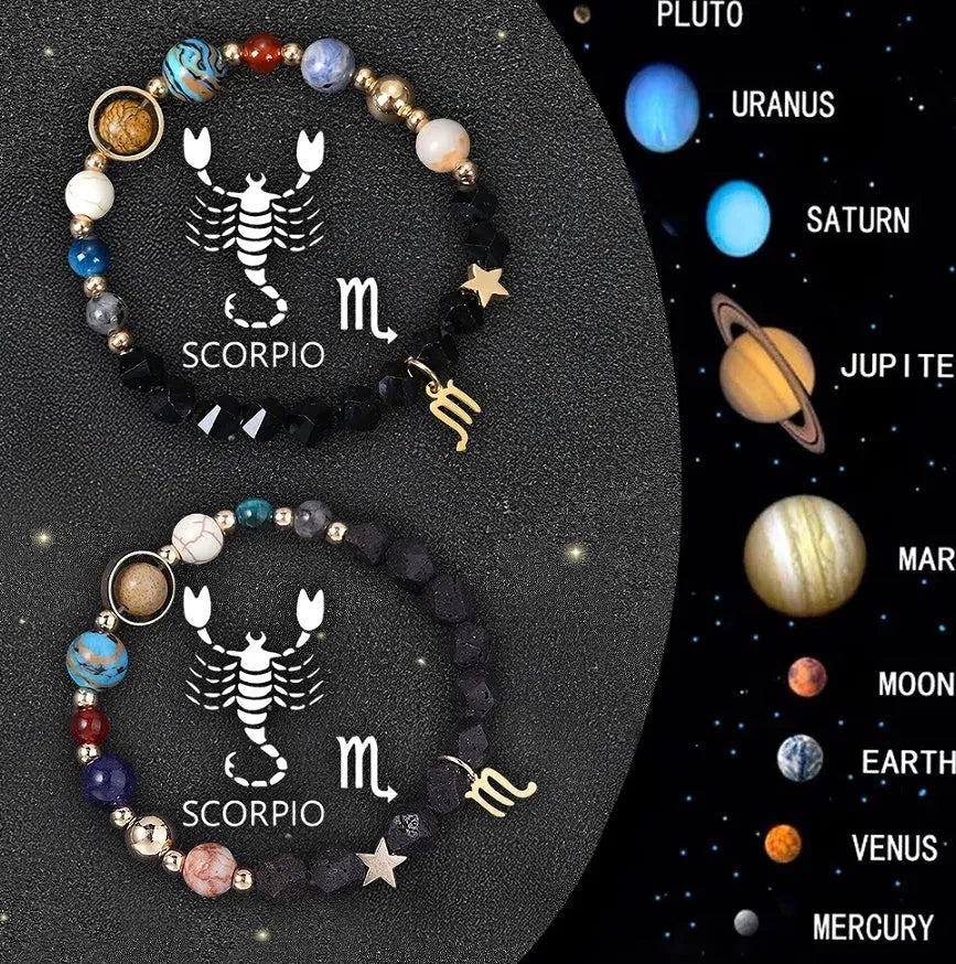 Two natural stone zodiac sign bracelets with adjustable cords showing hand-strung bead designs