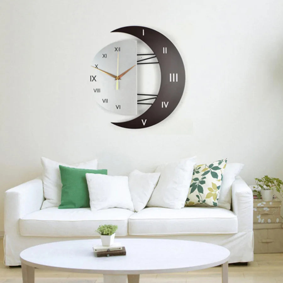 Round wall clock with pointer and number display showing 24-hour indication on wooden MDF shell