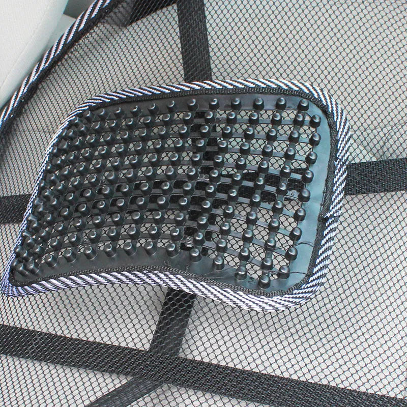 Black lumbar support pillow with steel wire framework for car seats measuring 41x39cm
