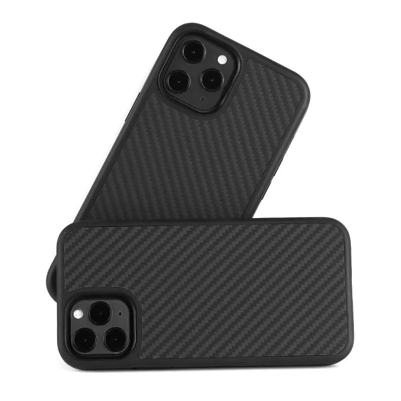 Black solid colour wooden iPhone case with TPU and Kevlar construction on a table.
