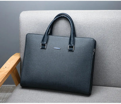 Men's one-shoulder PU leather business briefcase, large blue or black horizontal square zip handbag