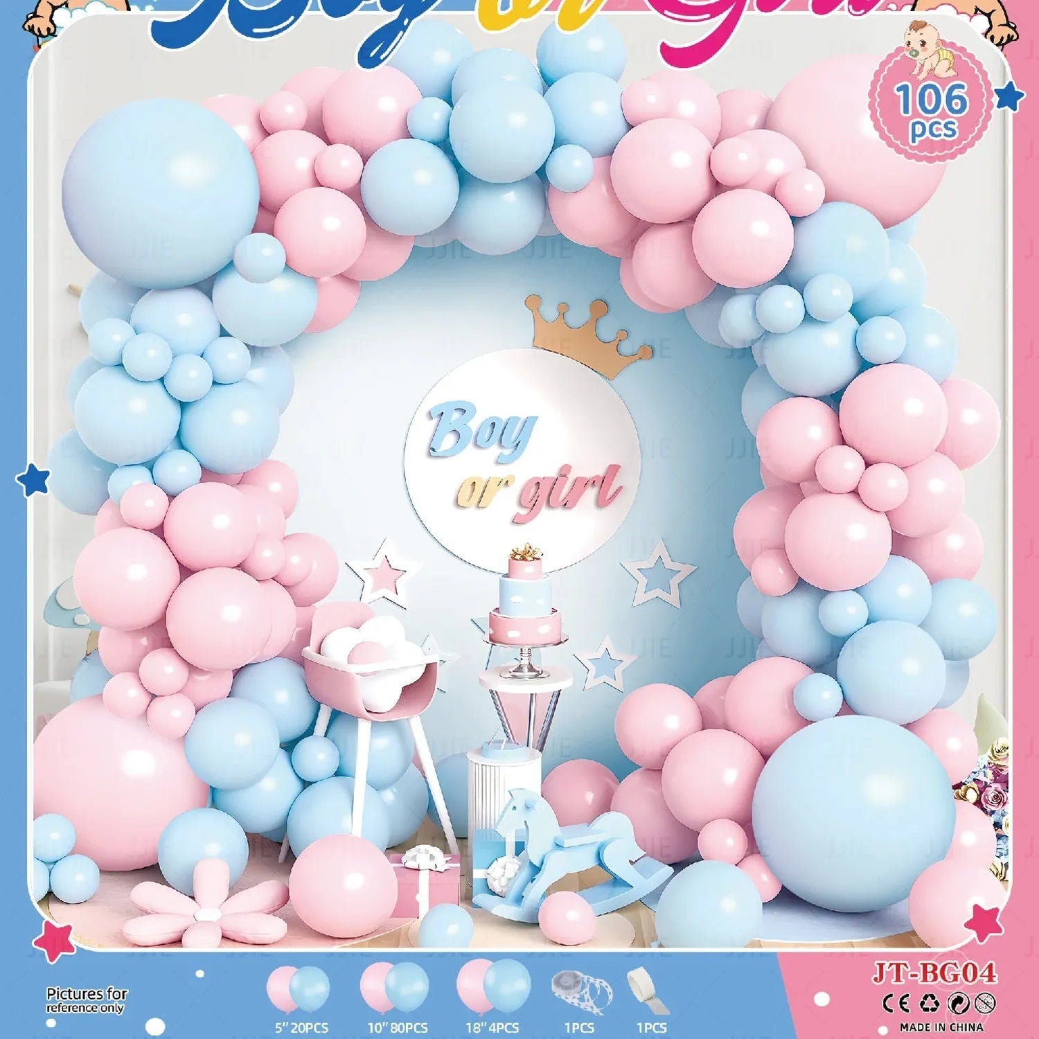 Baby gender reveal balloon decoration suit with metallic aluminium film balloons in pink and blue