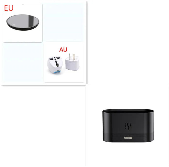Black square ultrasonic aroma diffuser with flame light effect and mist output.