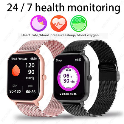ZL54C smart watch in black with AMOLED screen displaying heart rate and blood pressure metrics