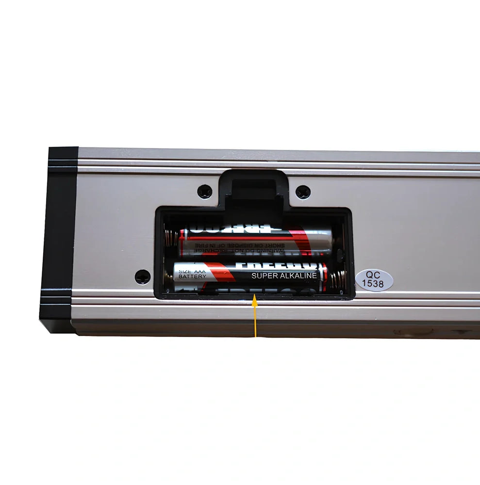 Digital magnetic angle meter with 400mm ruler length showing flip-up LCD display and four built-in magnets on base