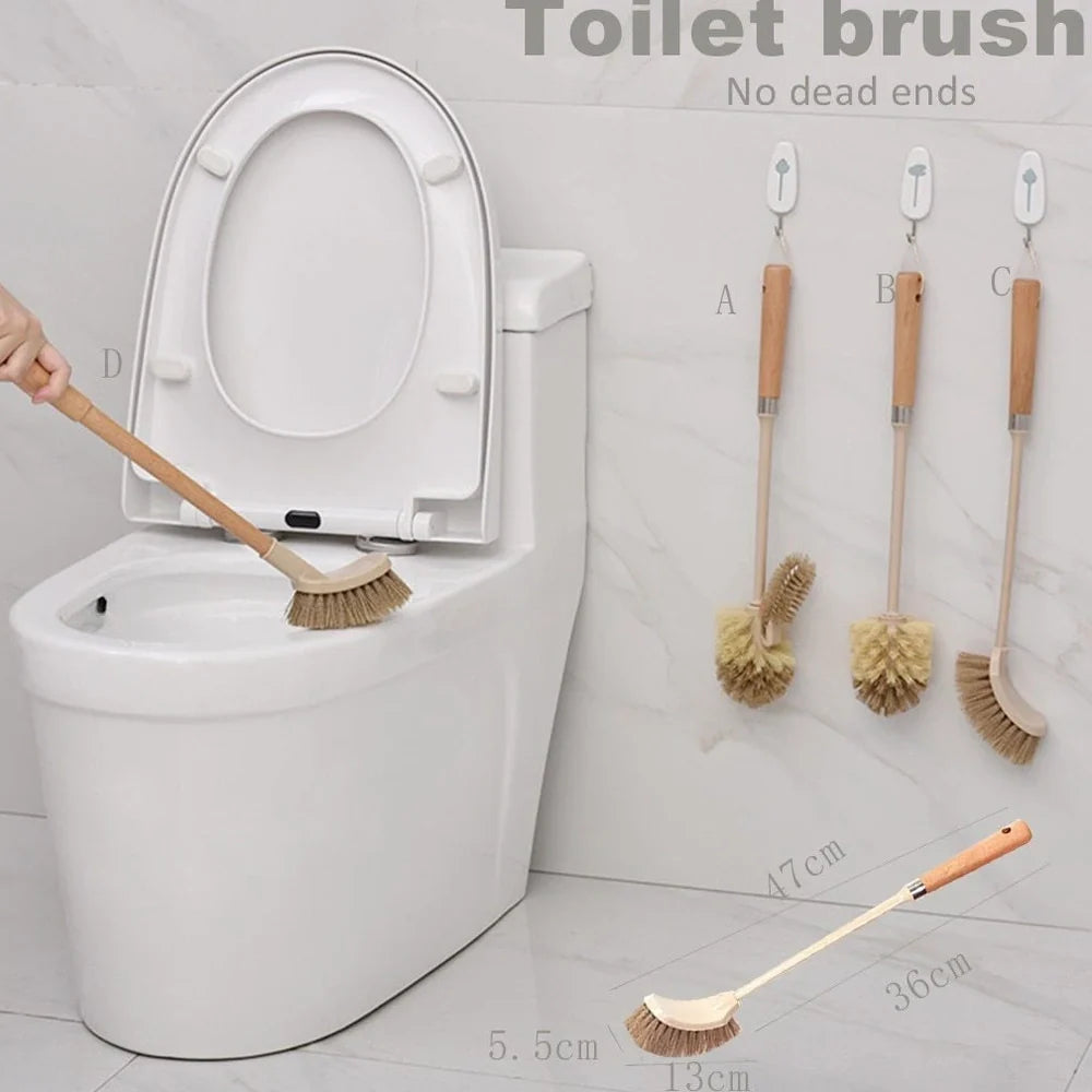 Wooden handle toilet brush with 360-degree bristle coverage for complete toilet cleaning