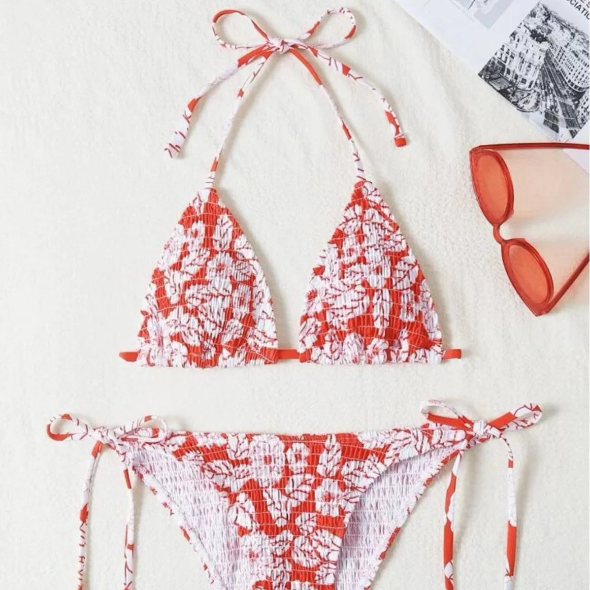 Women's floral halter swimsuit bikini set in multiple colours with brief bottoms