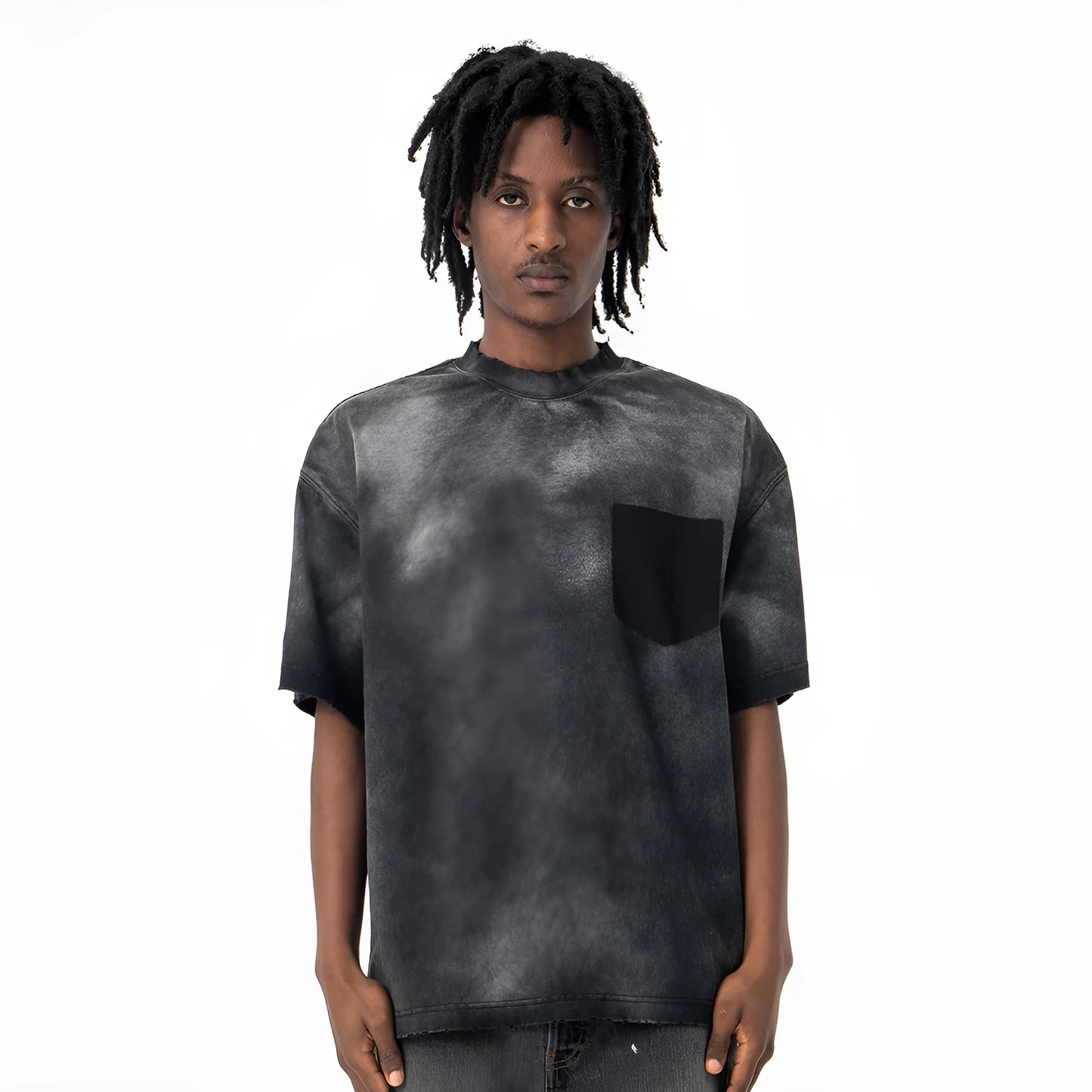 Black men's loose fit cotton t-shirt with letter print and drop-shoulder short sleeves on a hanger.