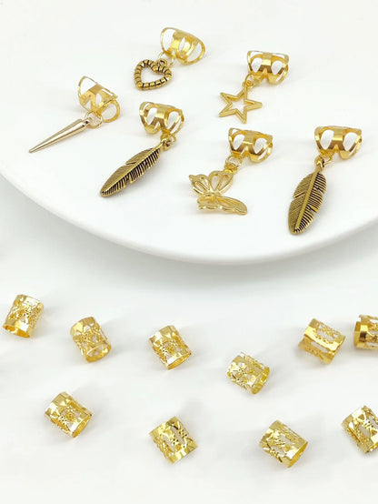 Pack of 26 antique-style dirty braid hair rings in alloy metal with gold electroplated finish.