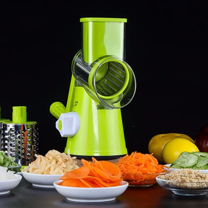 Round mandoline slicer with stainless steel blades for versatile kitchen use