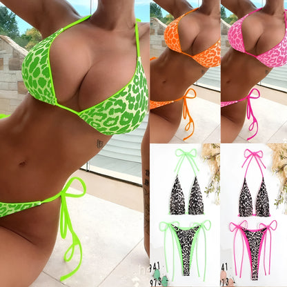 Women's lace-up triangle split bikini swimsuit set in polyester fabric