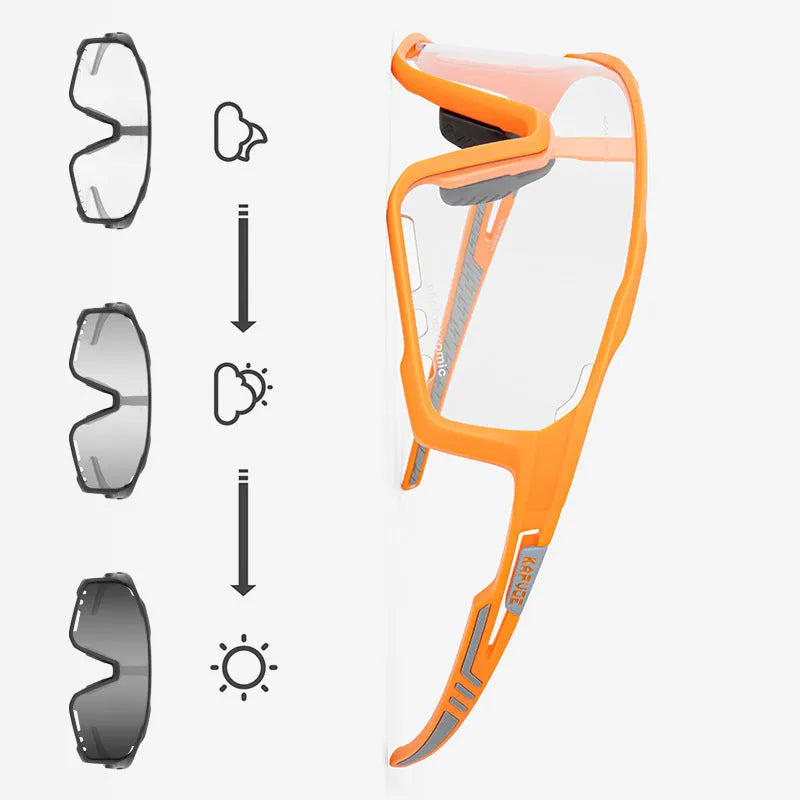 Photochromic cycling sunglasses with TR90 frame in semi-rimless unisex style on a solid colour background.