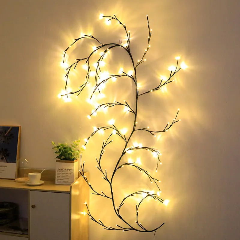 LED rattan tree light string arrangement with warm white illumination for decorative room lighting