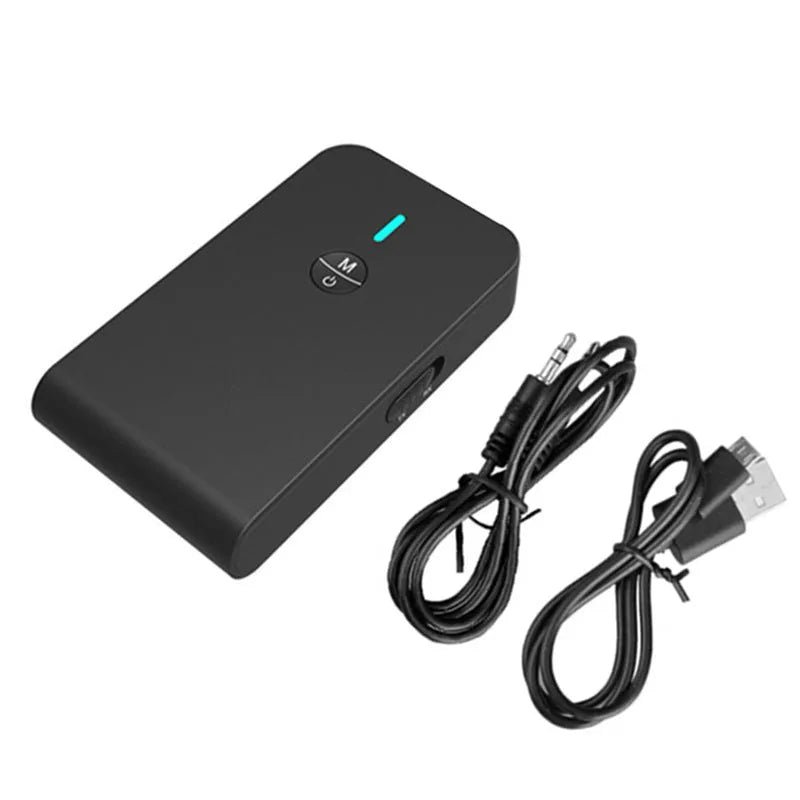 Bluetooth adapter with 3.5mm AUX audio output, Bluetooth 5.0 standard for reliable wireless connectivity up to 10 metre range, plug-and-play design with external power supply, available in black single or multi-packs.