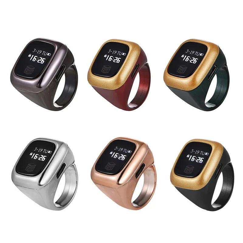 Al-Fatiha black digital wrist counter with display screen showing numbers, on a wrist.