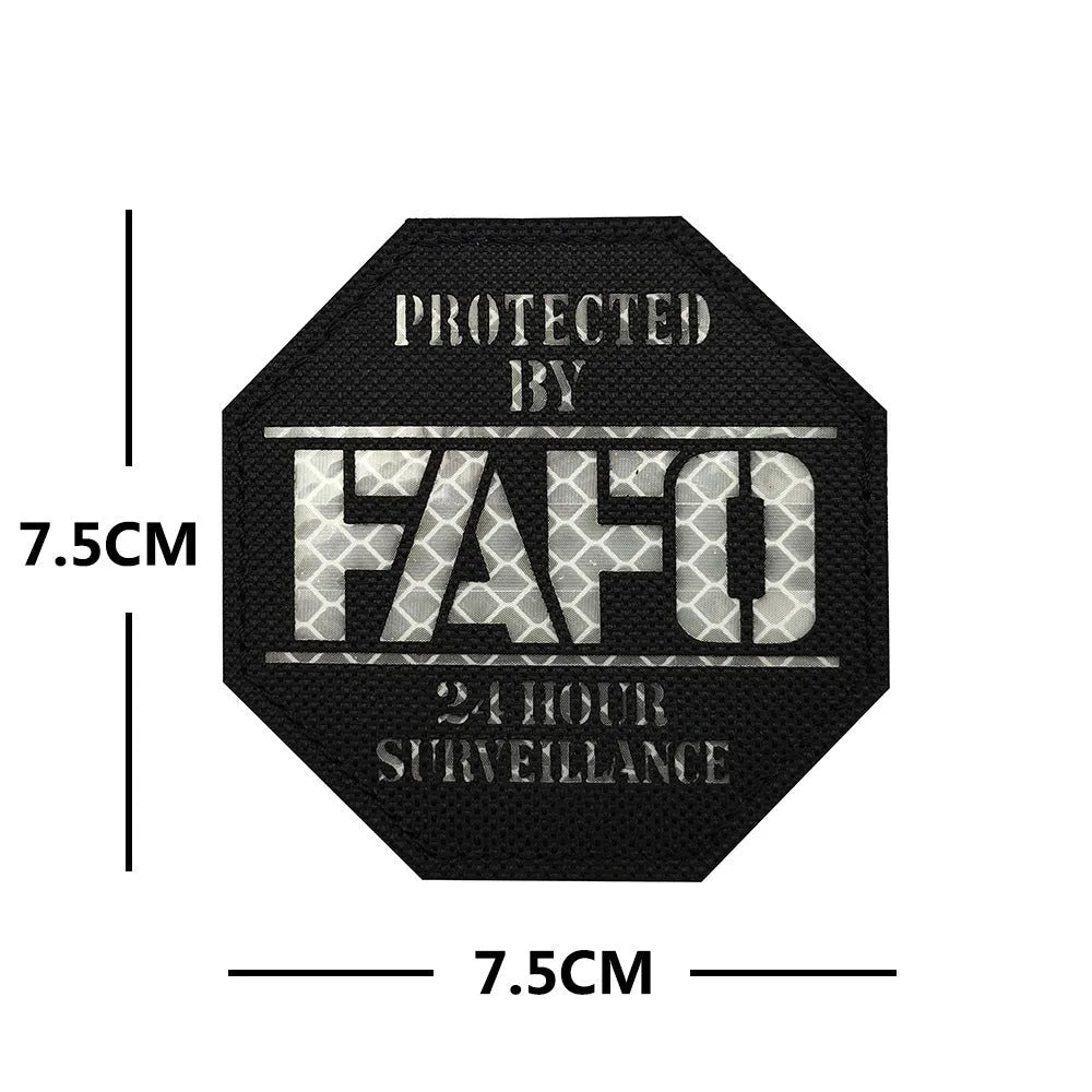 FAFO reflective nylon badge for night safety, shown in black cloth with white characters and other colour options
