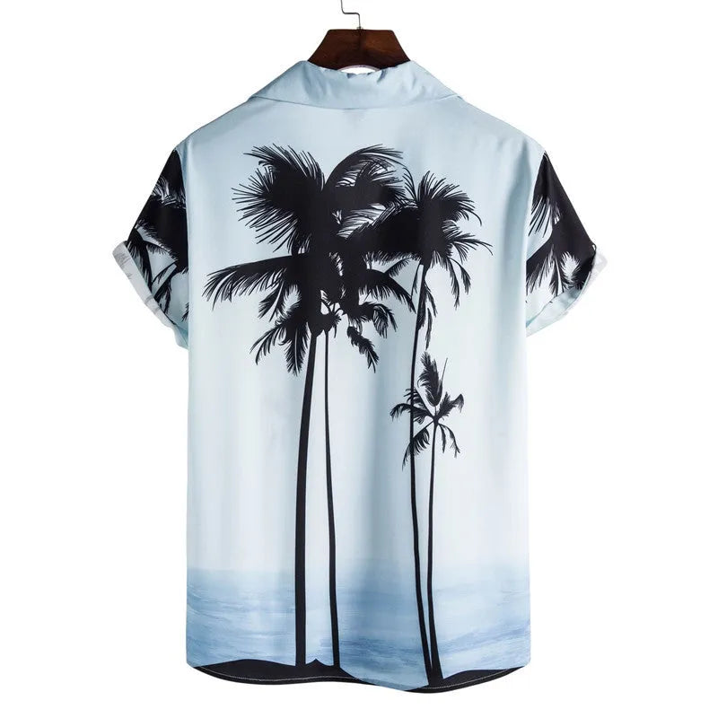 Men's loose floral print beach shirt with lapel collar and short sleeves in cotton main fabric