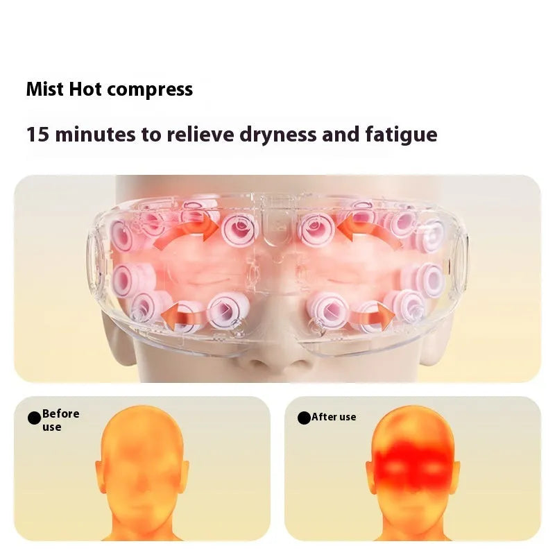 Bluetooth hot compress and steam moisturising eye massager device in purplish grey, green, or ink grey colour